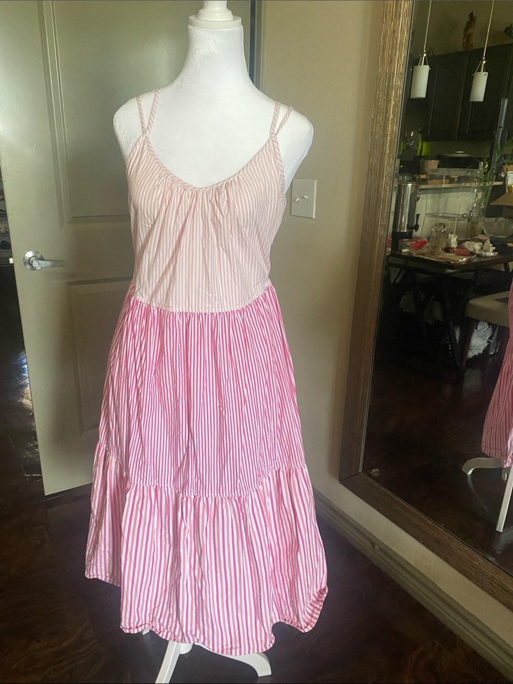 Pink Striped Spaghetti-Strap Midi Dress